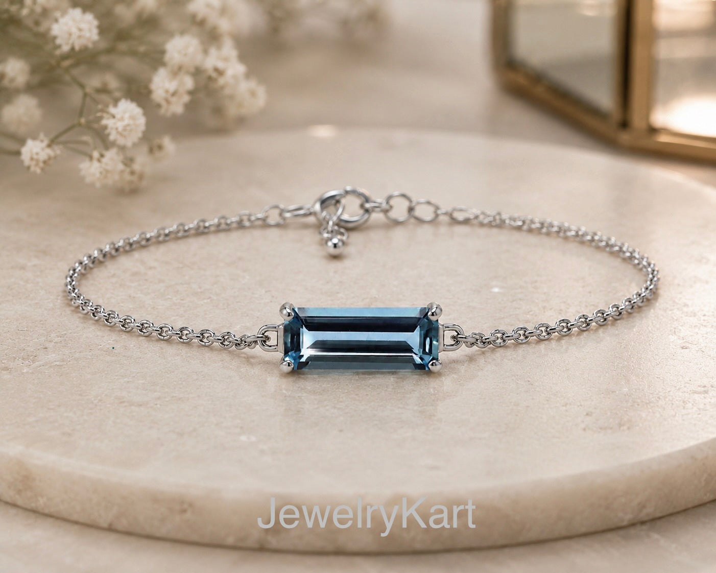 Natural Aquamarine Baguette Bracelet in 14K White Gold | AAA+ Skinny Cut Dark Blue Aquamarine | Minimalist Chain Bracelet | March Jewelry