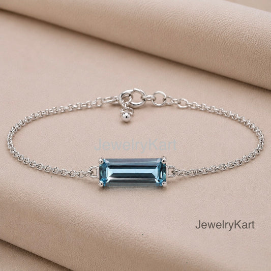 Natural Aquamarine Baguette Bracelet in 14K White Gold | AAA+ Skinny Cut Dark Blue Aquamarine | Minimalist Chain Bracelet | March Jewelry