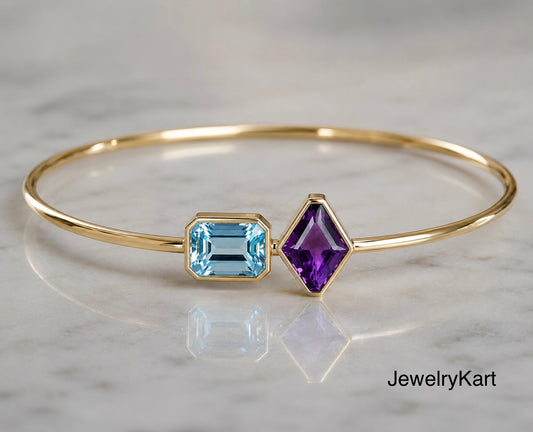 Natural Aquamarine & Amethyst Bangle Bracelet | 925 Sterling Silver Yellow Gold Finish | Emerald Cut Aquamarine | Statement Gemstone