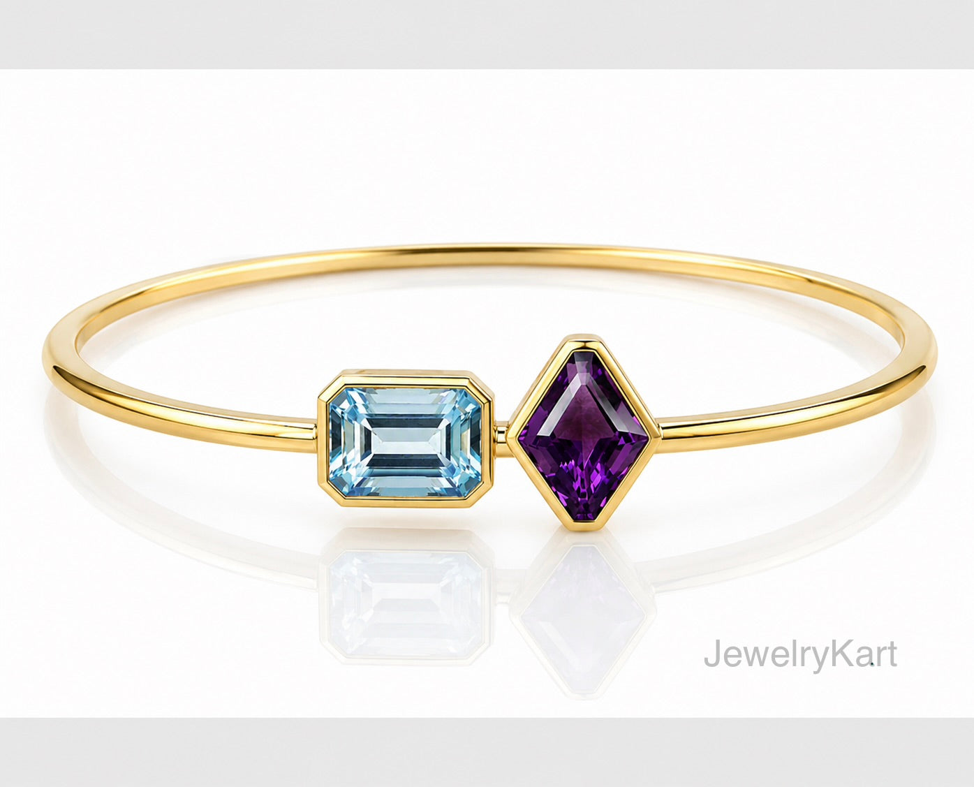Natural Aquamarine & Amethyst Bangle Bracelet | 925 Sterling Silver Yellow Gold Finish | Emerald Cut Aquamarine | Statement Gemstone
