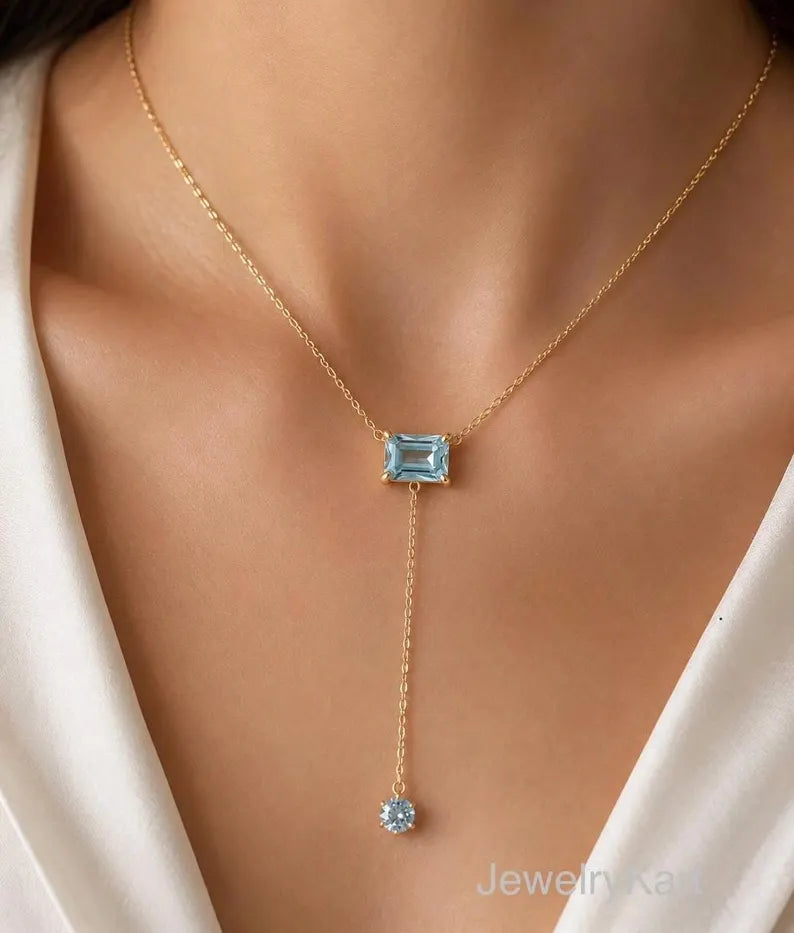 Natural Aquamarine Lariat Necklace, Emerald Cut East-West Y Necklace, 14K Gold Plated Sterling Silver