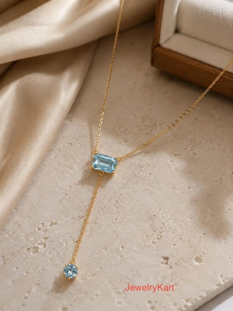 Natural Aquamarine Lariat Necklace, Emerald Cut East-West Y Necklace, 14K Gold Plated Sterling Silver