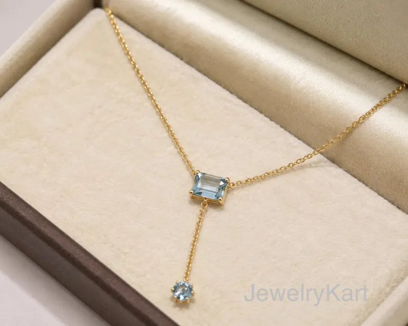 Natural Aquamarine Lariat Necklace, Emerald Cut East-West Y Necklace, 14K Gold Plated Sterling Silver
