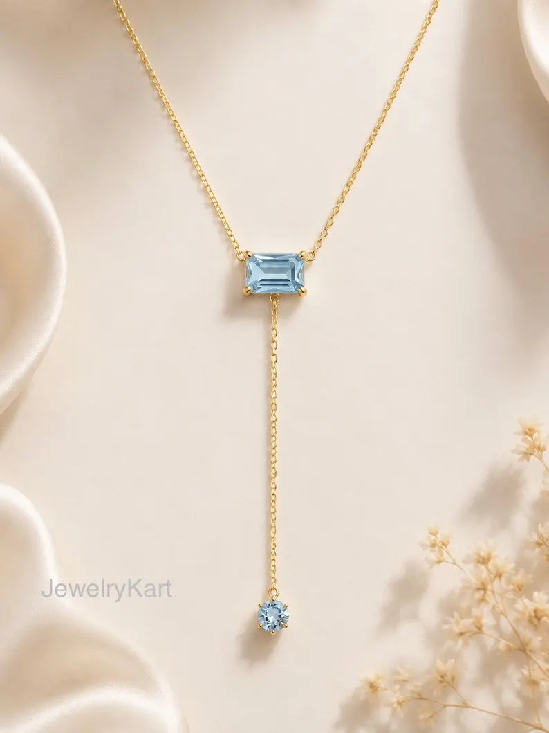 Natural Aquamarine Lariat Necklace, Emerald Cut East-West Y Necklace, 14K Gold Plated Sterling Silver