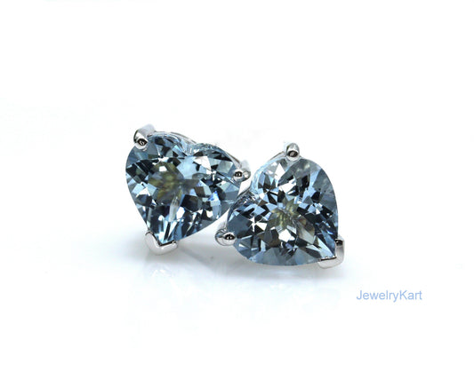 Aquamarine Heart Stud Earrings – 6 mm Natural Blue Gemstones, Basket Setting Earrings, March Birthstone Earrings - Cute Studs For Girls