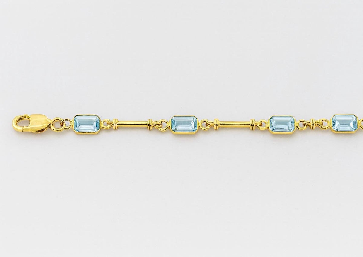 14K Gold Aquamarine Bracelet, Emerald Cut Dainty Tennis Bracelet, Bezel Set Minimalist Blue Gem Link Bracelet, Natural Light Weight Jewelry
