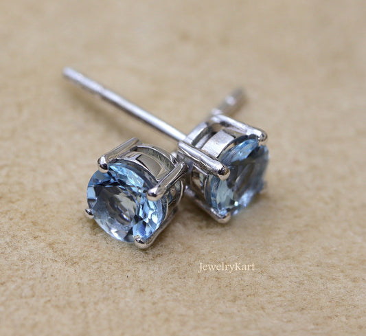 Natural Aquamarine Stud Earrings | 5 mm Round Blue Gemstone | Basket Set Studs in 14K Gold or Silver