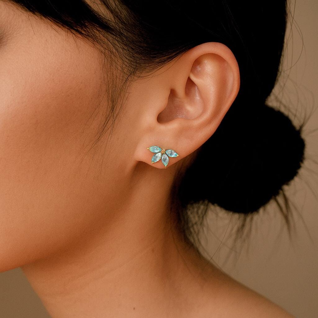 Aquamarine Marquise Earrings, Flower Studs, Gold Silver Flower Earrings, Jewelry Gift for Her, Cluster Earrings