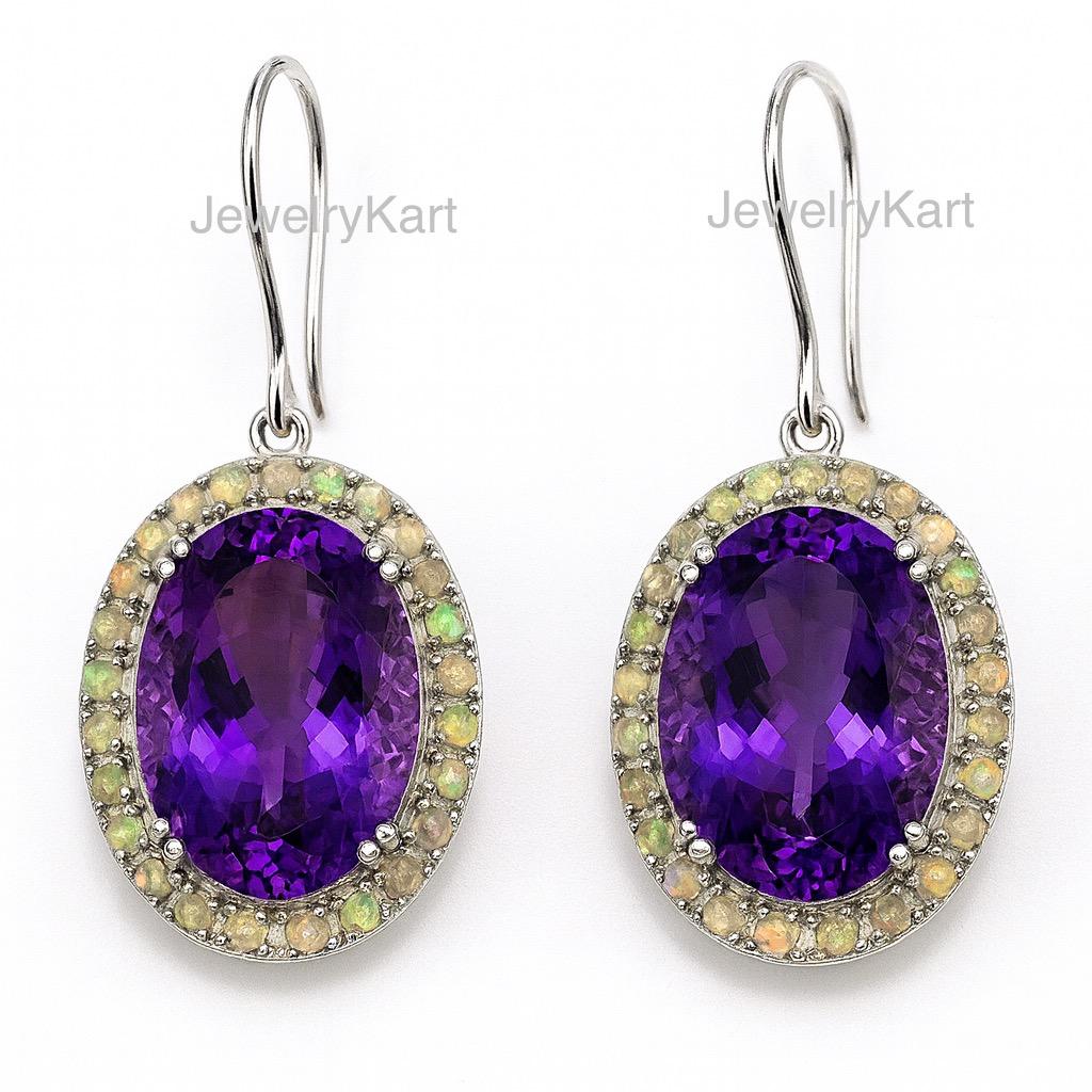 Amethyst & Opal Oval Earrings, Ethiopian Opal Halo Drop Earrings, February Birthstone Jewelry, Statement Earrings