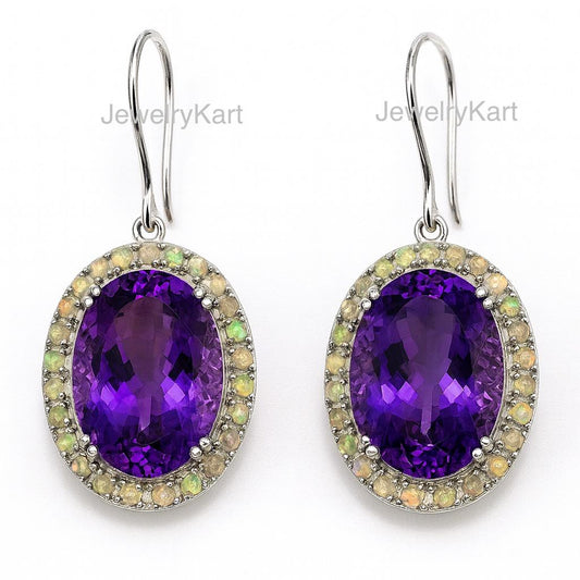 Amethyst & Opal Oval Earrings, Ethiopian Opal Halo Drop Earrings, February Birthstone Jewelry, Statement Earrings