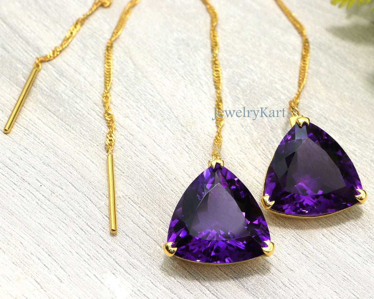 Natural Amethyst Threader Earrings, 14k Yellow Gold Finish, Amethyst Dangle Earrings, Trillion Earrings, Silver Long Chain Threaders