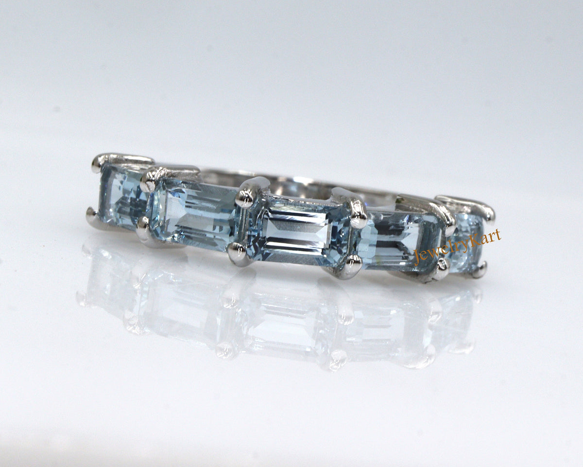 Natural Aquamarine Emerald Cut Eternity Band | Half Eternity 6x4 mm Ring | East West Aquamarine Stackable Band | Wedding Band Gift