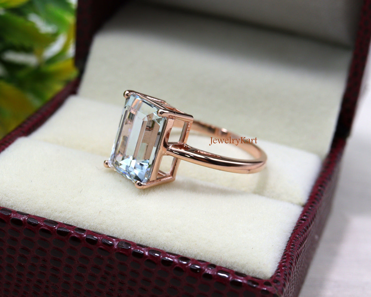 3 Ct Emerald Cut Aquamarine Ring | 14K Rose Gold Natural Solitaire | March Birthstone Engagement Ring