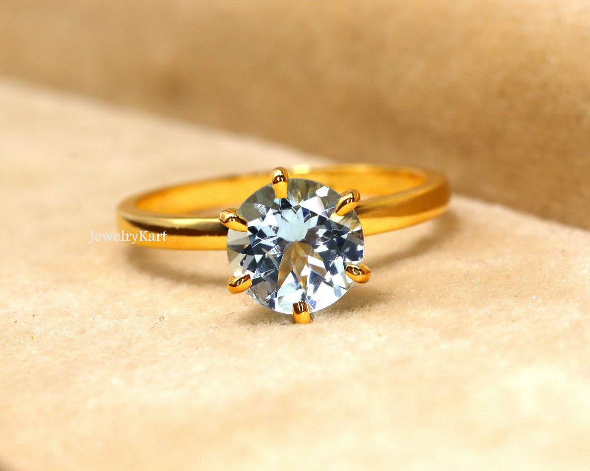 14k Gold Aquamarine Engagement Ring, Round Shape March Birthstone Ring