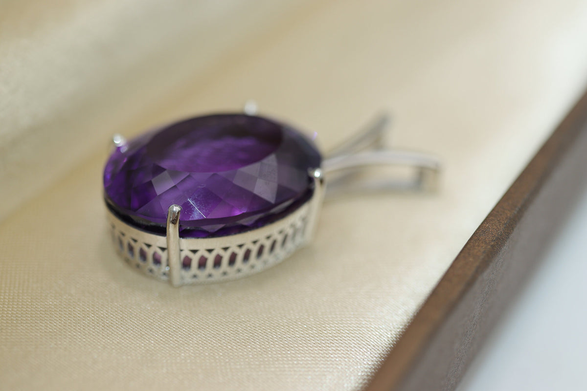 Natural Amethyst Oval Pendant | 15 Ct Purple Gem in 925 Silver | Large February Birthstone Necklace | Rhodium Plated | Gift for Her