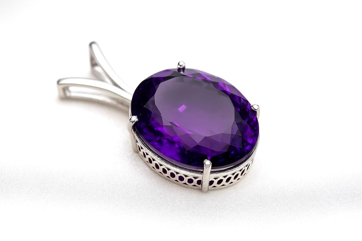 Natural Amethyst Oval Pendant | 15 Ct Purple Gem in 925 Silver | Large February Birthstone Necklace | Rhodium Plated | Gift for Her