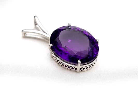 Natural Amethyst Oval Pendant | 15 Ct Purple Gem in 925 Silver | Large February Birthstone Necklace | Rhodium Plated | Gift for Her