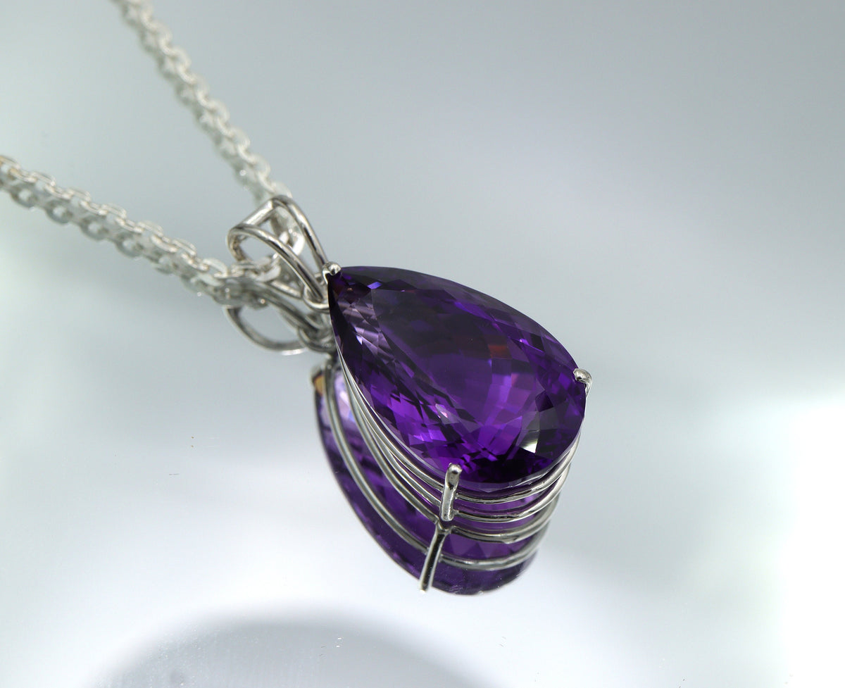 Natural Amethyst Pear Cut Pendant, Big Statement Necklace in 925 Silver, February Birthstone Gift