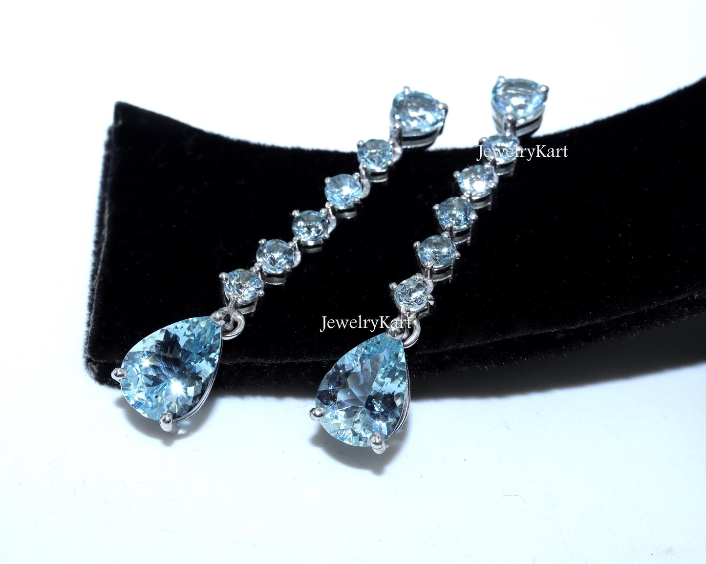 Natural Aquamarine Long Drop Earrings | 925 Silver or 14K Gold Dangle Earrings | Blue Pear & Round Gemstones | Lightweight Gift for Her
