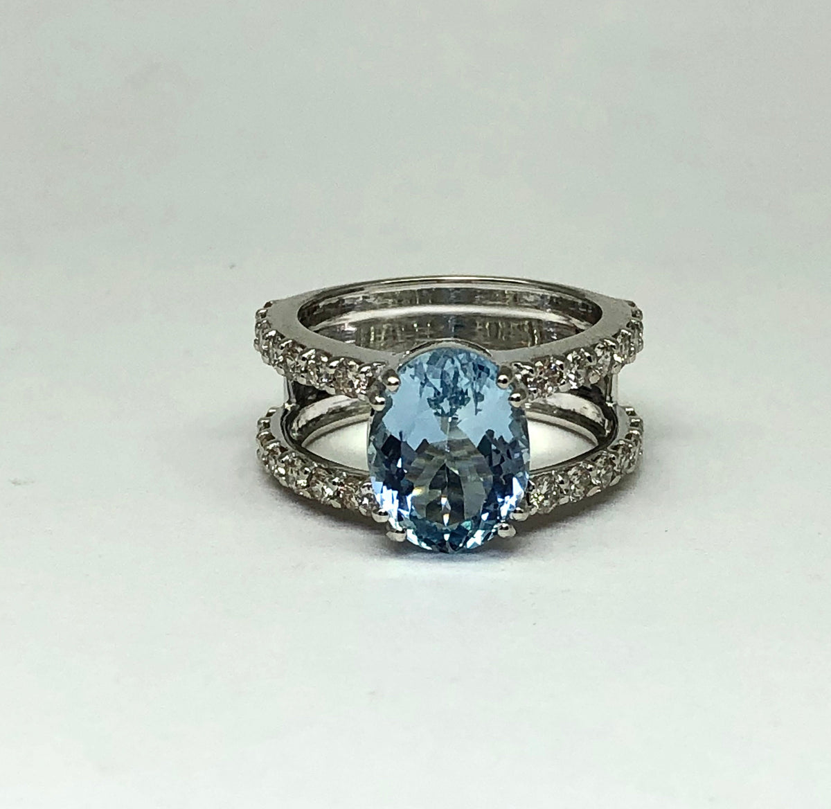3 Ct Aquamarine & Diamond Engagement Ring – 14K White Gold Double Band Ring, Celebrity Inspired- Oval Ring