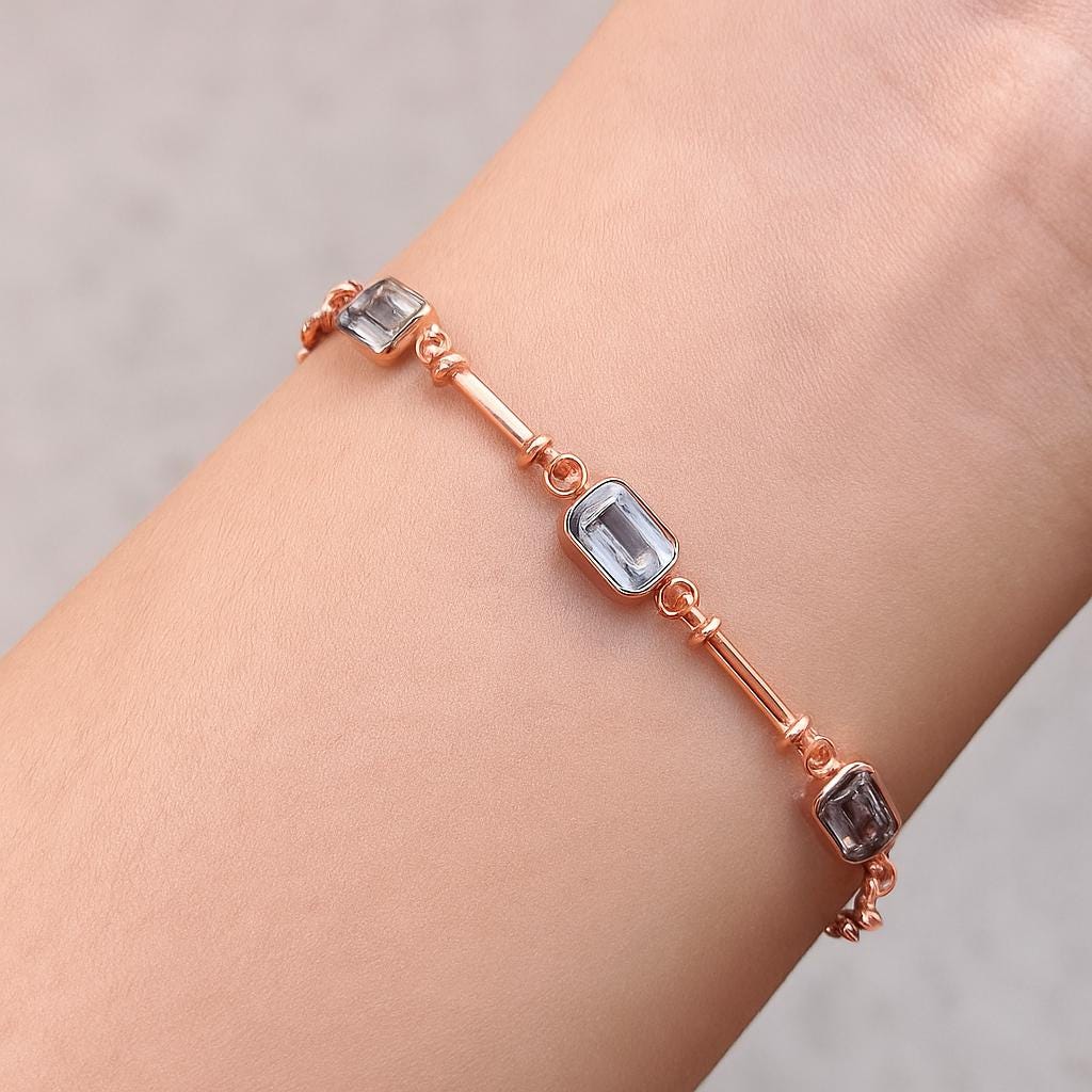 Aquamarine Tennis Bracelet 14k Gold, Emerald Cut Aquamarine Bracelet, Dainty Minimalist Bracelet, Solid Rose Gold Station Bracelet