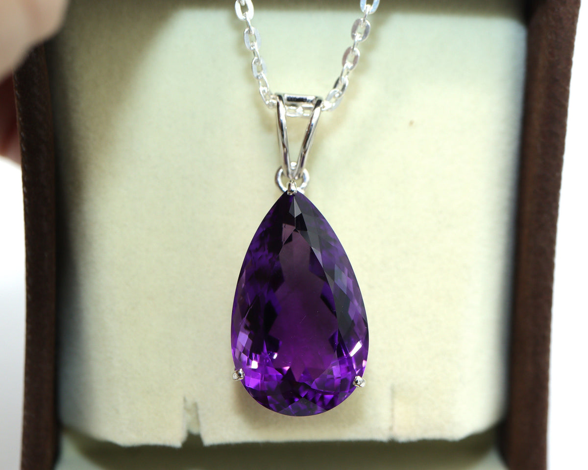 Natural Amethyst Pear Cut Pendant, Big Statement Necklace in 925 Silver, February Birthstone Gift