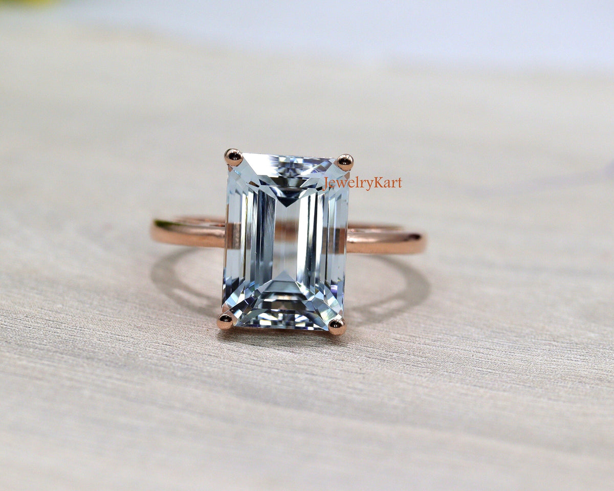 3 Ct Emerald Cut Aquamarine Ring | 14K Rose Gold Natural Solitaire | March Birthstone Engagement Ring