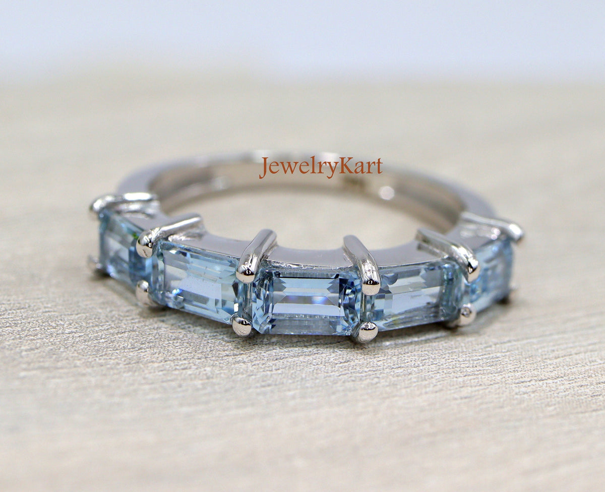 Natural Aquamarine Emerald Cut Eternity Band | Half Eternity 6x4 mm Ring | East West Aquamarine Stackable Band | Wedding Band Gift