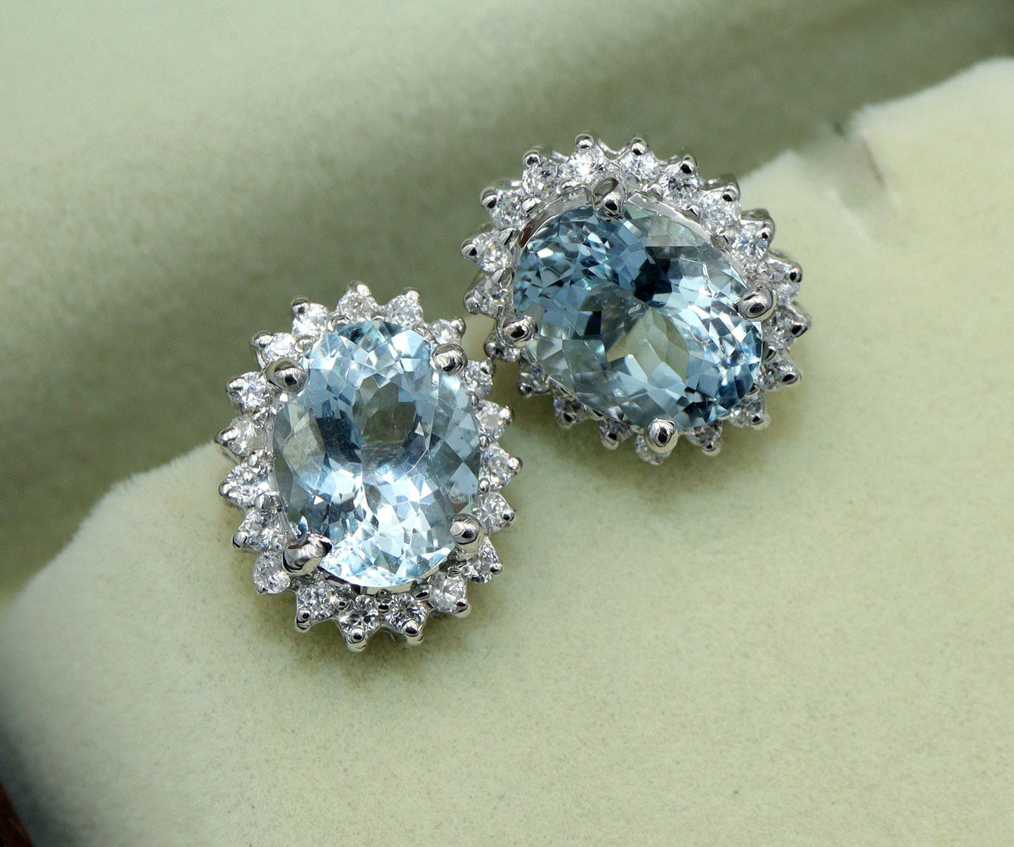 Aquamarine Earrings, Aquamarine Diamond Halo Stud Earrings - 14K White Gold Aquamarine Earrings, Oval Cut Earrings,