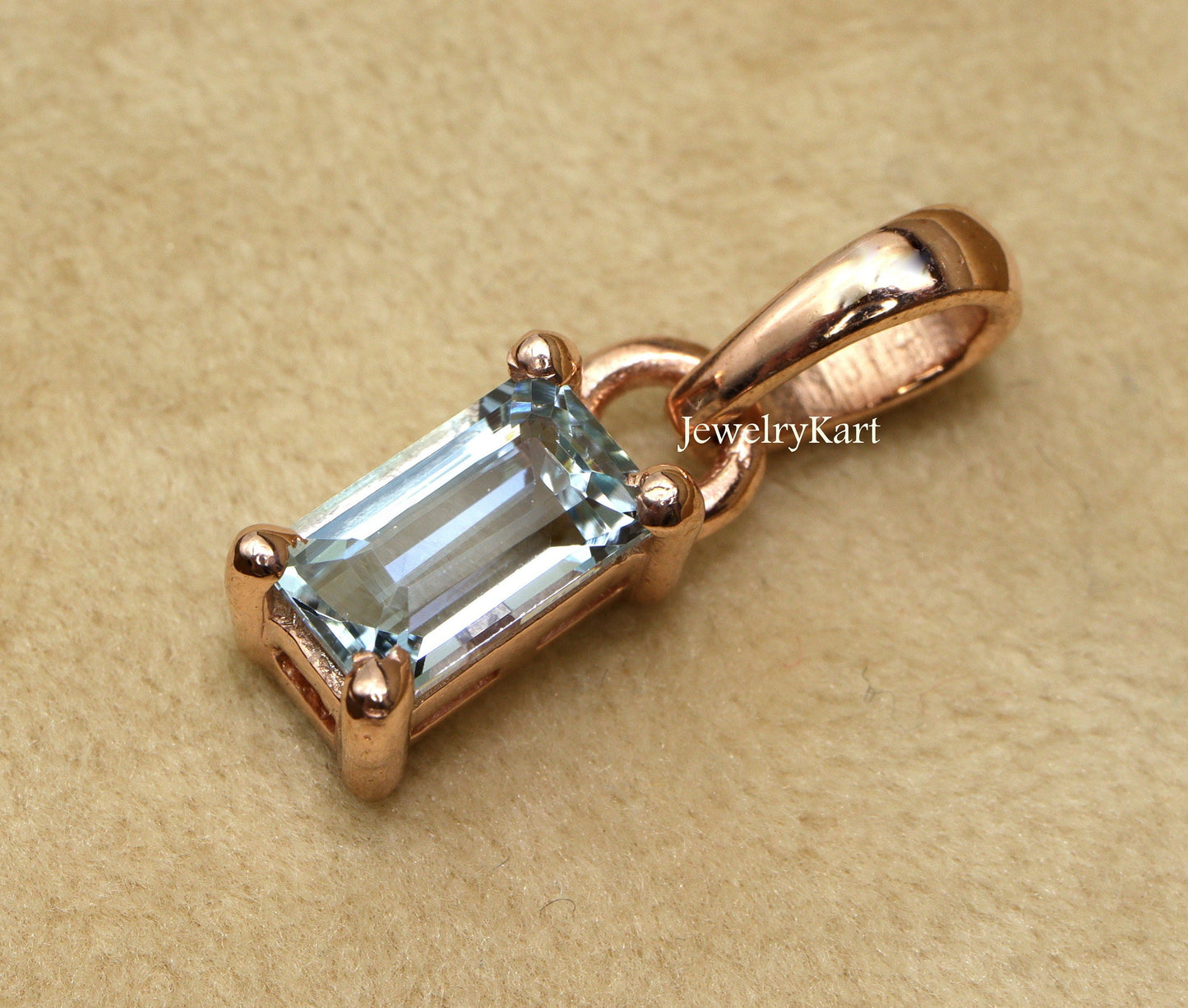 Aquamarine Pendant Necklace, Minimalist Layering necklace, Long Baguette Cut Pendant, 14k Rose Gold Finish, Light Weight Pendant