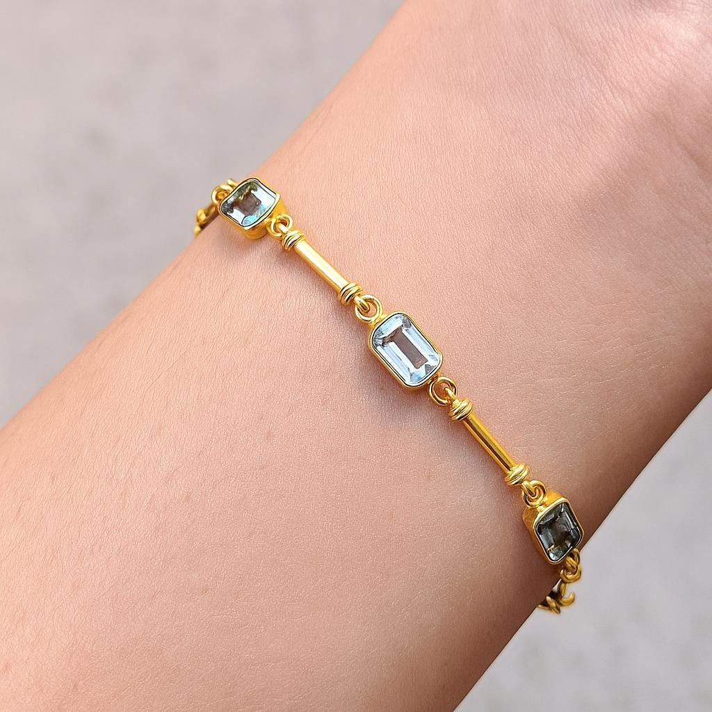 14K Gold Aquamarine Bracelet, Emerald Cut Dainty Tennis Bracelet, Bezel Set Minimalist Blue Gem Link Bracelet, Natural Light Weight Jewelry