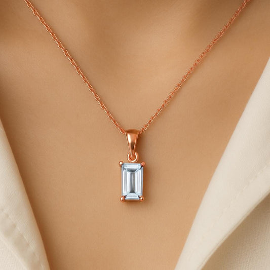 Aquamarine Pendant Necklace, Minimalist Layering necklace, Long Baguette Cut Pendant, 14k Rose Gold Finish, Light Weight Pendant