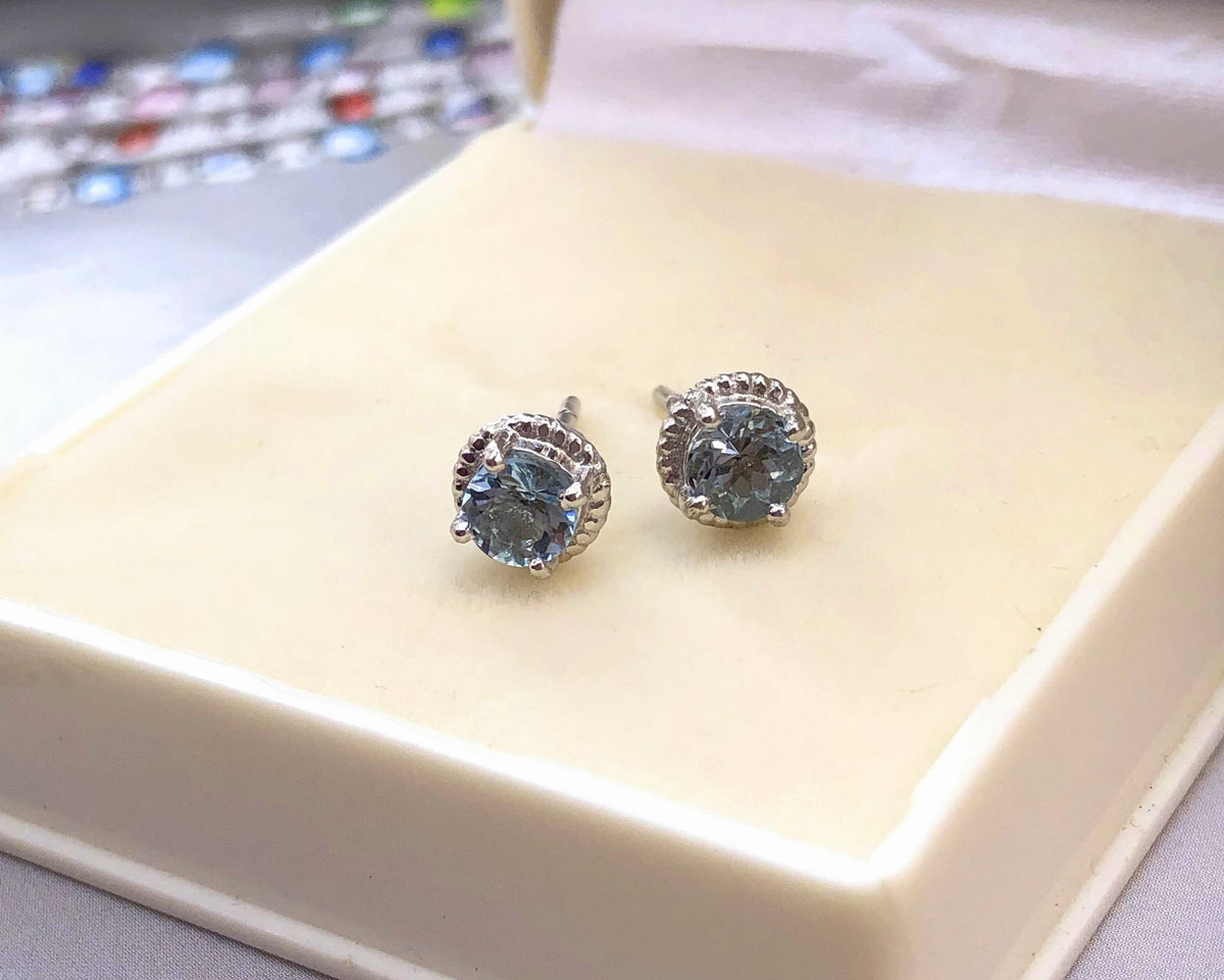 Aquamarine Stud Earrings, 5mm Round AAA Stones in 925 Silver, Dainty March Birthstone Gift, Gemstone Studs