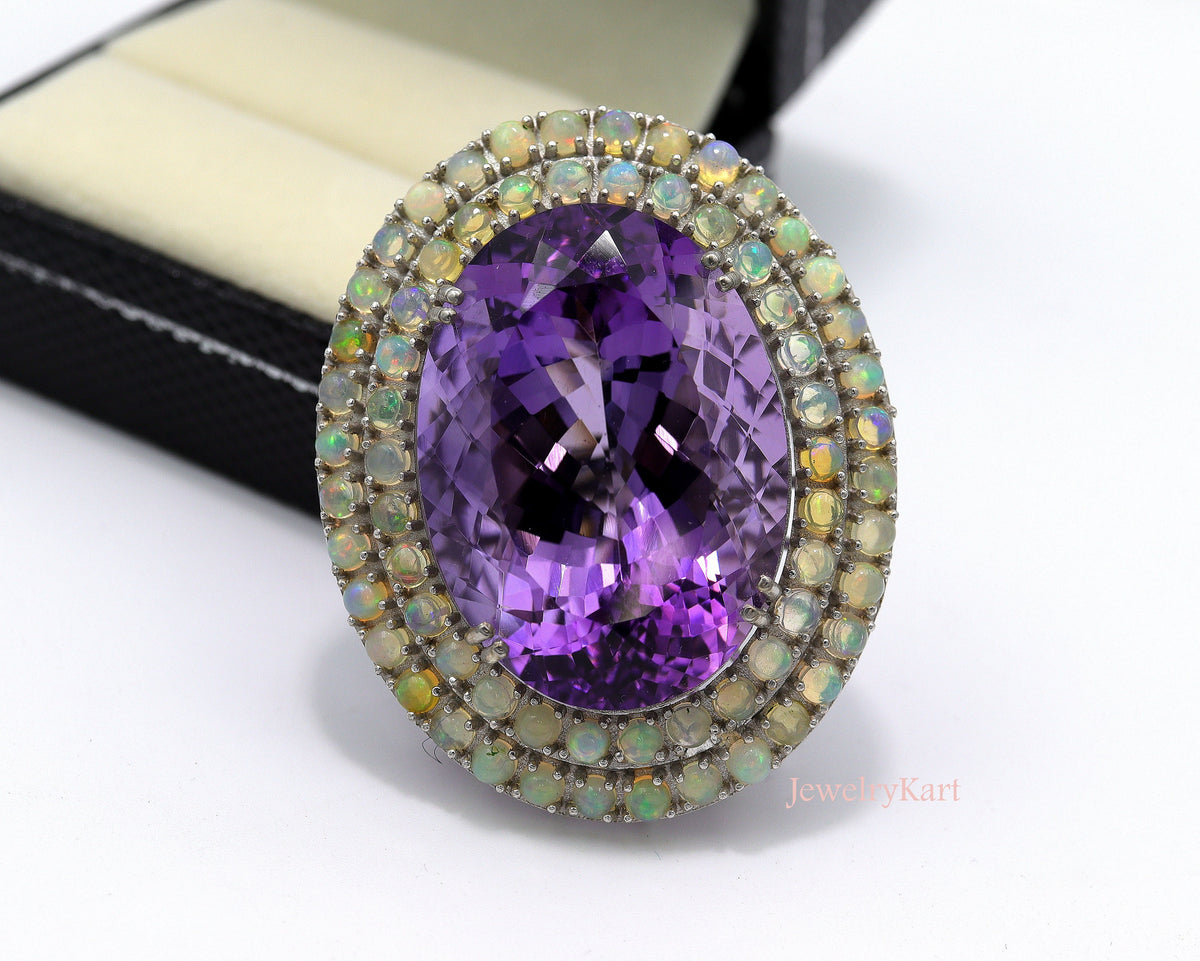 Natural Amethyst & Ethiopian Fire Opal Double Halo Cocktail Ring in Sterling Silver