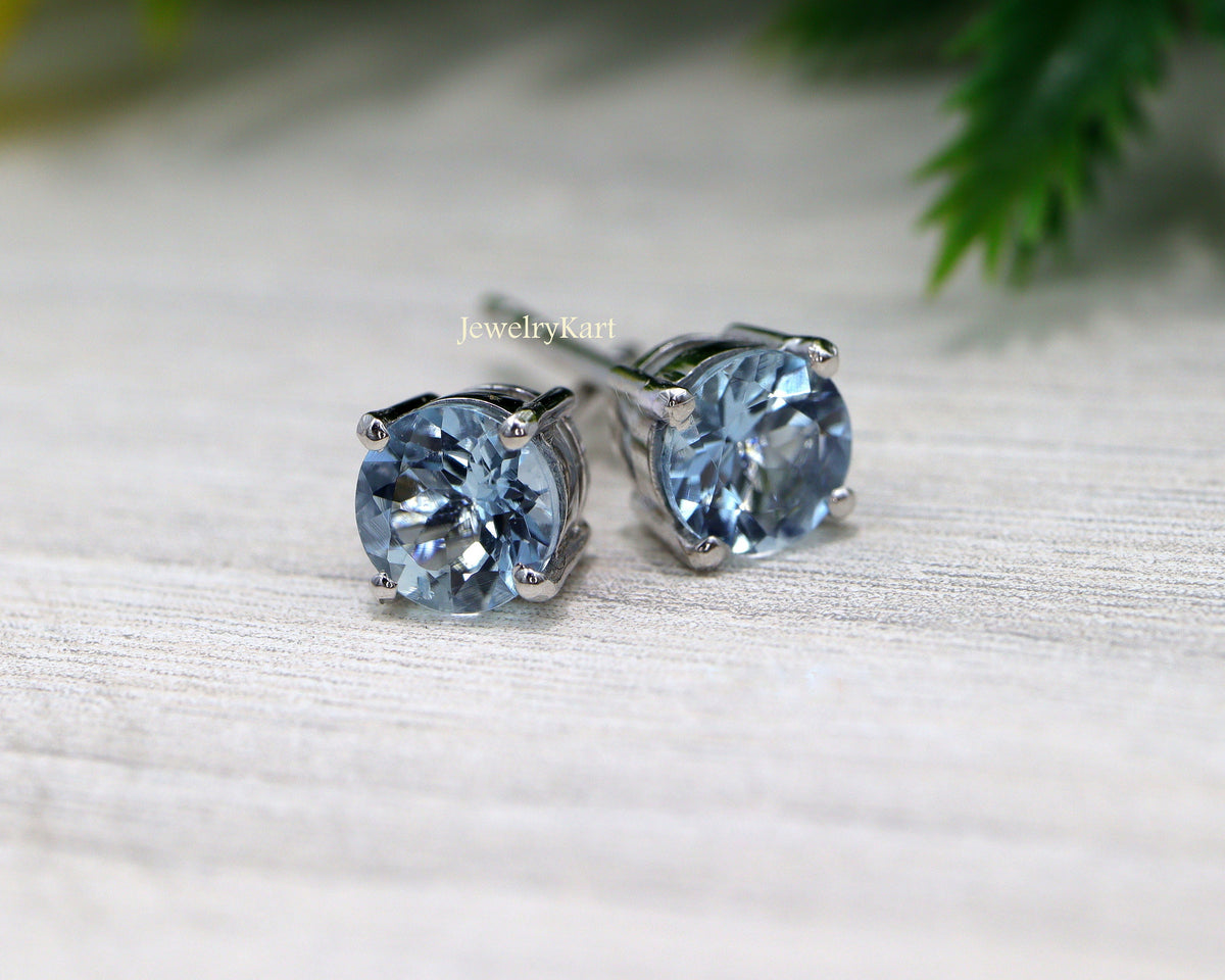 Natural Aquamarine Stud Earrings | 5 mm Round Blue Gemstone | Basket Set Studs in 14K Gold or Silver