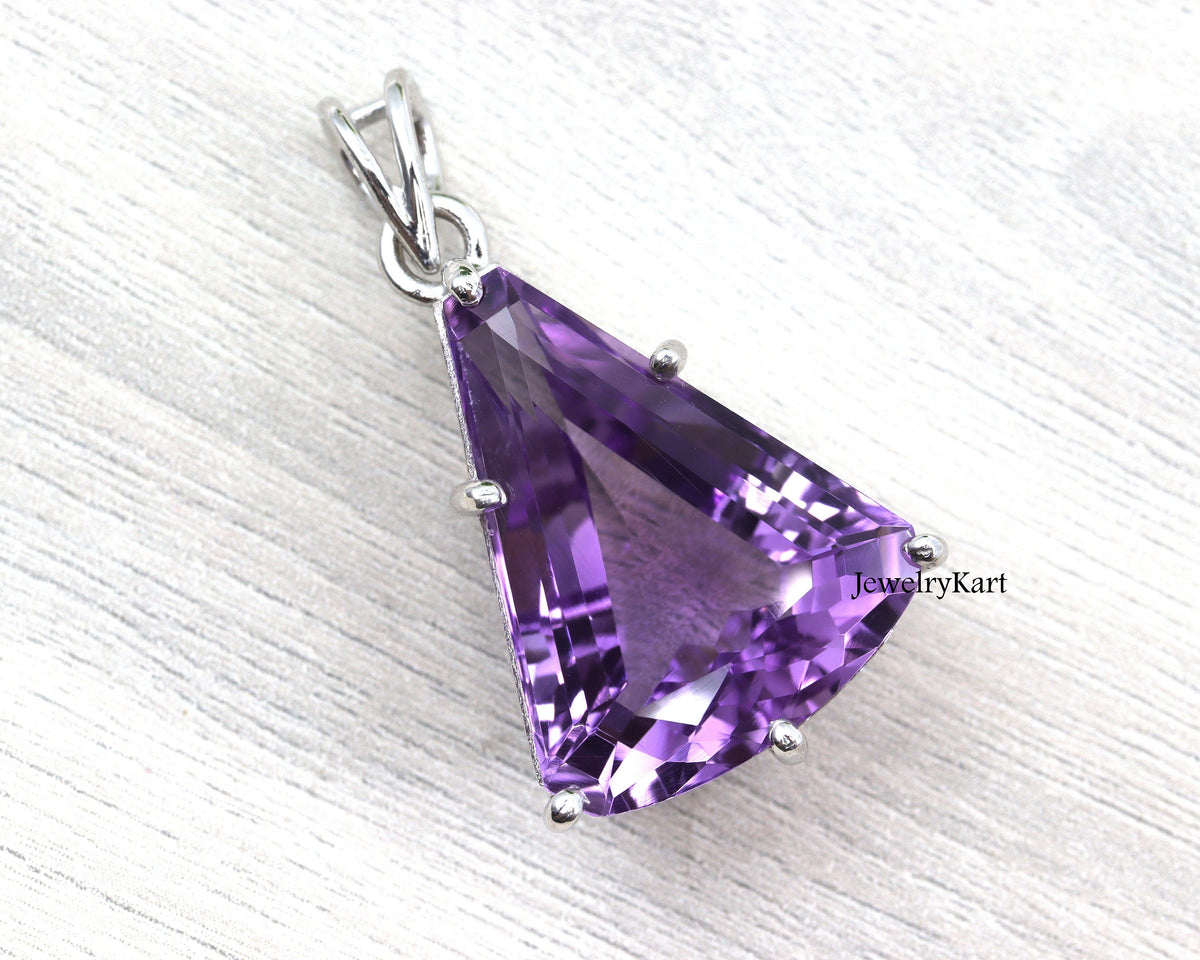 Large Amethyst Pendant in 925 Silver, Trillion Cut February Birthstone Necklace, Natural Gemstone Statement Jewelry for Women
