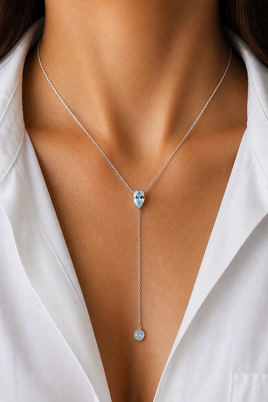 Aquamarine Lariat Necklace, Pear Drop Y Necklace, Minimalist Gold Necklace, March Birthstone Jewelry, Dainty Layering Necklace, Gift for Her