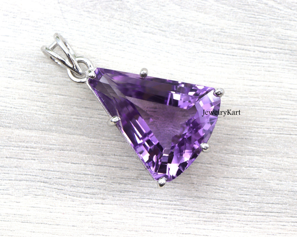 Large Amethyst Pendant in 925 Silver, Trillion Cut February Birthstone Necklace, Natural Gemstone Statement Jewelry for Women