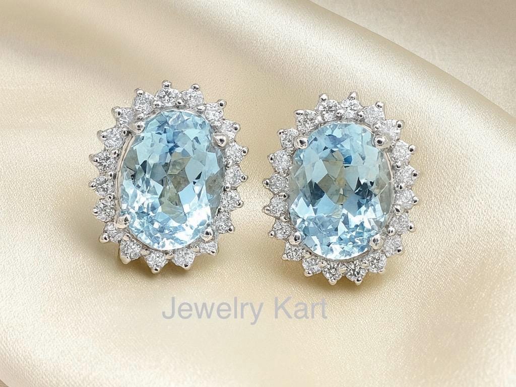 Aquamarine Earrings, Aquamarine Diamond Halo Stud Earrings - 14K White Gold Aquamarine Earrings, Oval Cut Earrings,