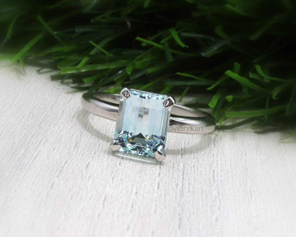 Emerald Cut Natural Aquamarine Solitaire Ring | 14K Gold or Sterling Silver | 8×6 mm March Birthstone Ring