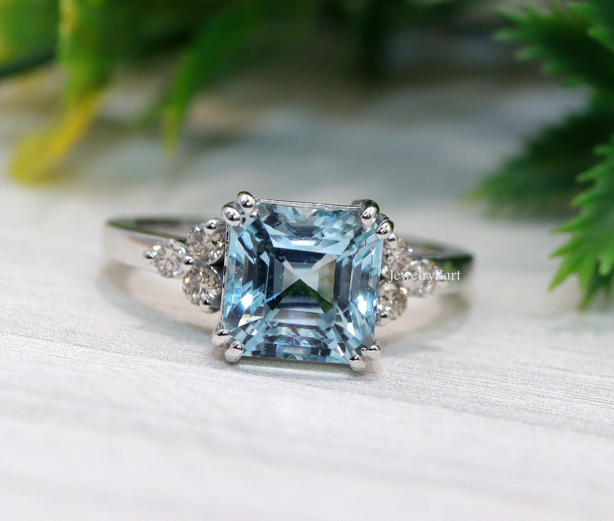 Natural Aquamarine Asscher Cut Ring 7 mm |  |  Aquamarine Engagement or Promise Ring | Square Aquamarine Diamond Ring