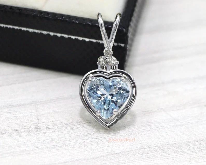 Natural Aquamarine Heart Pendant in 14K Gold, Real Diamond Accent Necklace, Light Blue Solitaire, Love Jewelry, Prong Set Gift for Her