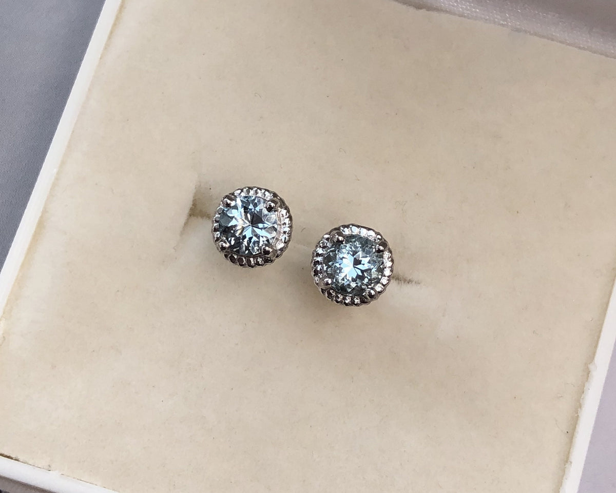 Aquamarine Stud Earrings, 5mm Round AAA Stones in 925 Silver, Dainty March Birthstone Gift, Gemstone Studs