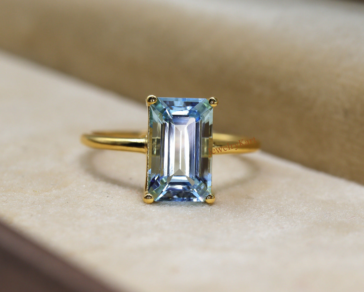 Emerald Cut Aquamarine Ring, 14K Gold Solitaire Ring, Engagement Ring, Anniversary Ring