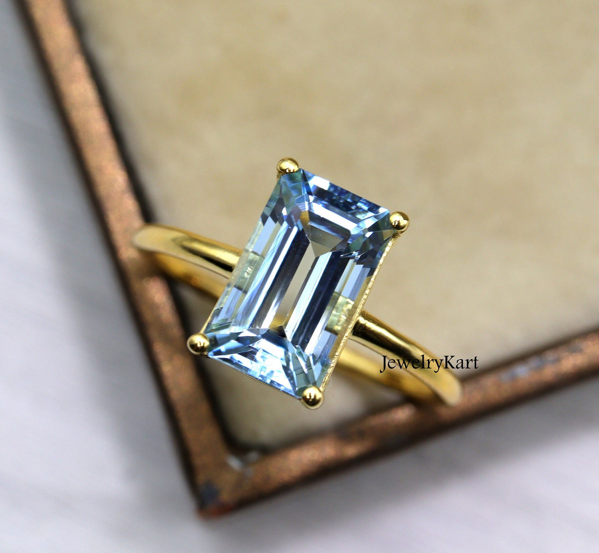 Emerald Cut Aquamarine Ring, 14K Gold Solitaire Ring, Engagement Ring, Anniversary Ring
