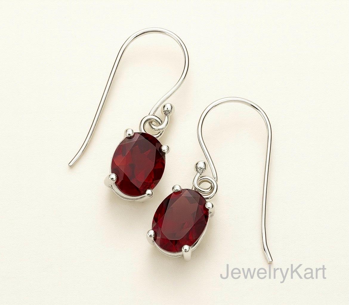 Red Garnet Dangle Earrings – 7x5 mm Oval Gemstones, 925 Silver Drop Earrings, January Birthstone Jewelry, Mother’s Day Gift