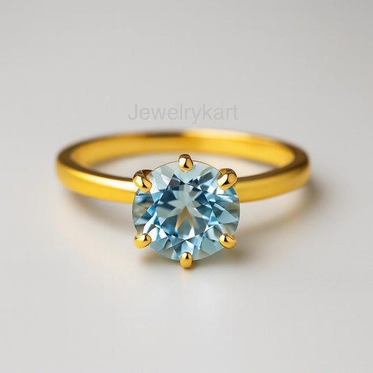 14k Gold Aquamarine Engagement Ring, Round Shape March Birthstone Ring