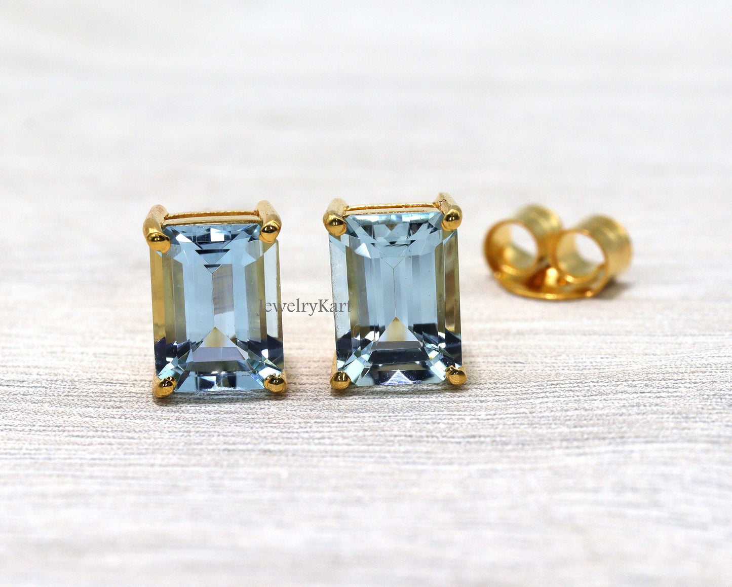 Emerald Cut Aquamarine Stud Earrings | 14k Yellow Gold Solitaire Earrings | March Birthstone Gift For Her