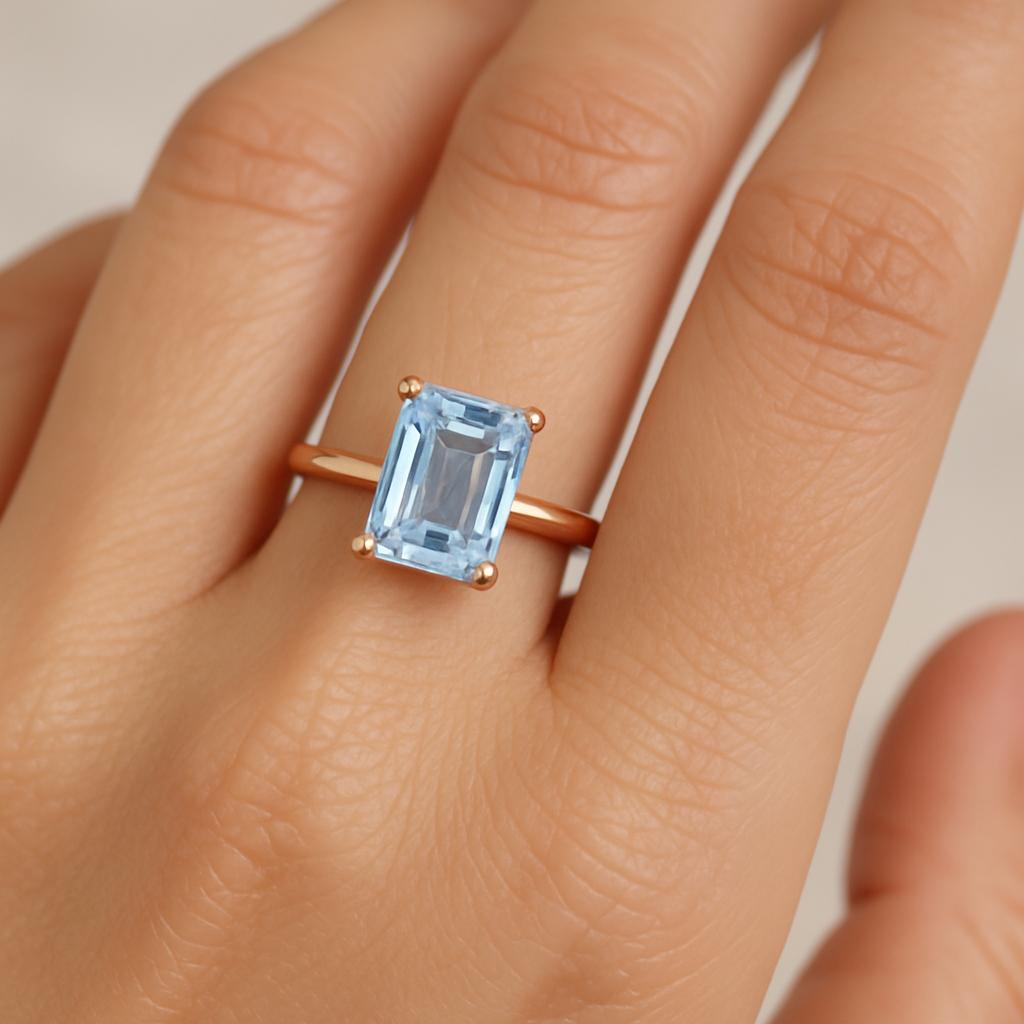 3 Ct Emerald Cut Aquamarine Ring | 14K Rose Gold Natural Solitaire | March Birthstone Engagement Ring