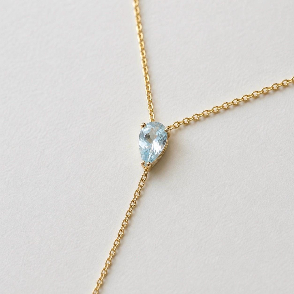 Aquamarine Lariat Necklace, Pear Drop Y Necklace, Minimalist Gold Necklace, March Birthstone Jewelry, Dainty Layering Necklace, Gift for Her